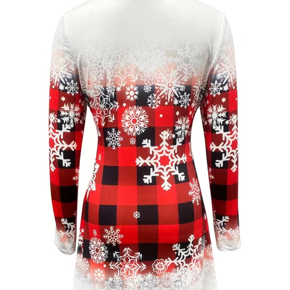 Christmas Snowflake Print Dress, Casual Long Sleeve  Neck Dress
